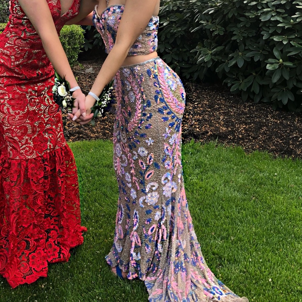 primavera nude multi sequins two piece prom dress